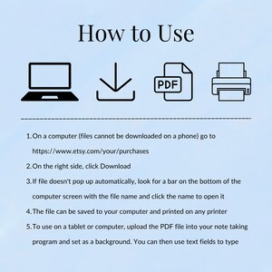 May include: A light blue graphic with the text "How to Use" and instructions for downloading and using a PDF file. The image includes icons of a laptop, a download arrow, a PDF document, and a printer.
