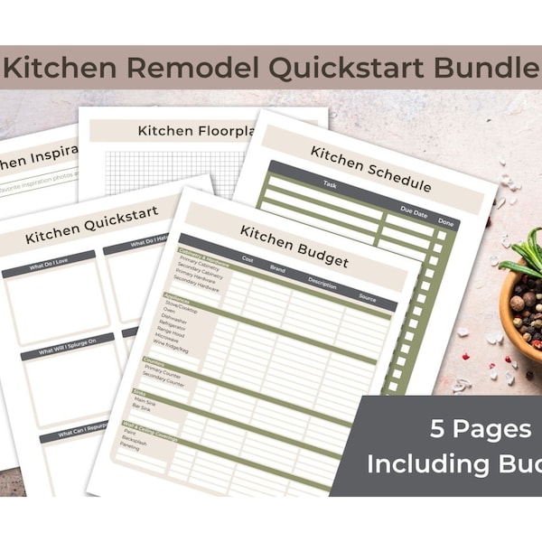 Kitchen remodel quickstart bundle, printable remodel budget planner, floorplan printable, simple interior design, kitchen renovation how to