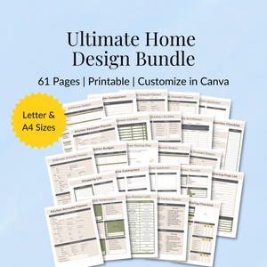 May include: A bundle of printable home design templates, including kitchen and bathroom remodel planners, shopping lists, and checklists. The bundle includes 61 pages and is customizable in Canva. The image also includes the text "Ultimate Home Design Bundle".