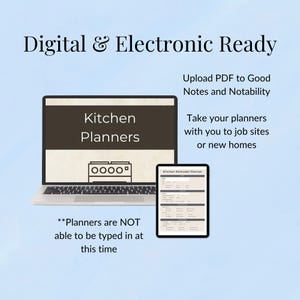 May include: A digital graphic promoting kitchen planners. The image shows a laptop and tablet displaying planner layouts. Text includes "Digital & Electronic Ready," "Kitchen Planners," and instructions for use with GoodNotes and Notability.
