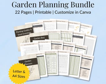 Peut inclure: Ensemble de pages de planification de jardin imprimables, comprenant des guides de plantation, un inventaire des semences et des planificateurs de jardin. Le lot comprend 22 pages et est personnalisable dans Canva. Disponible en formats Lettre et A4.