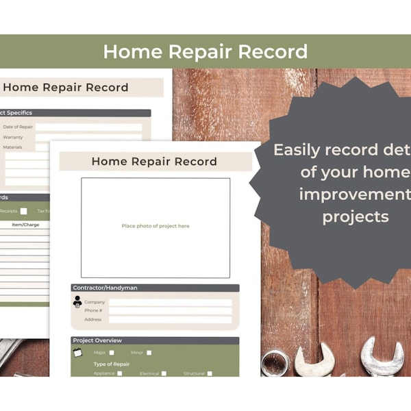 Home repair record, Perfect for home binders, Home improvement and renovation project planner, Printable pdf planner