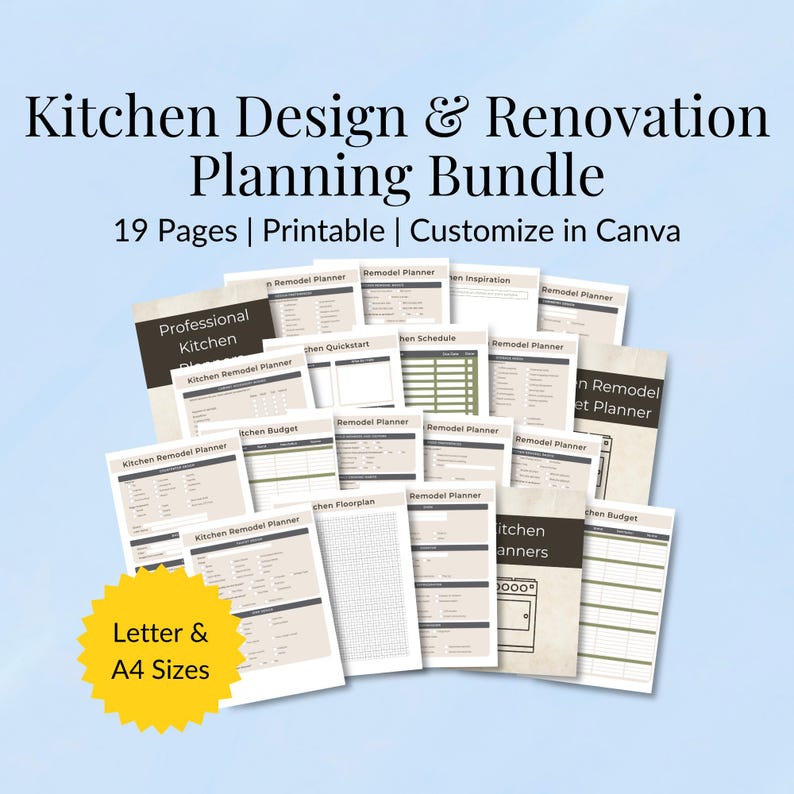 Pianificatore per la progettazione e la ristrutturazione della cucina / Raccoglitore per i lavori di miglioramento della casa / Modello PDF e Canva immagine 1