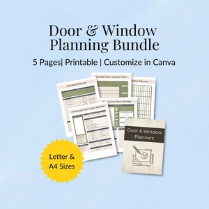 Può includere: Un pacchetto di pagine stampabili per la pianificazione di porte e finestre. Le pagine includono un pianificatore di finestre, un piano di aggiornamento per porte da garage e un costruttore di porte d'ingresso. Personalizzabile in Canva e disponibile nei formati Letter e A4.