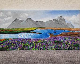 Blooming Lupine Flowers with Gorgeous Field Original Acrylic Hand Painting/10×20"canvas Art by J