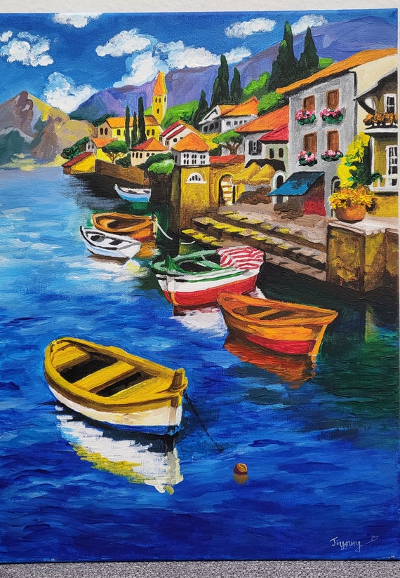Lake Village Original Acrylic Hand Painting 16×12 Inches Canvas