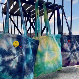 One of a Kind, Hand Tie-Dyed Large Heavy Duty Cotton Tote, Beach Bag, Reusable Shopping Bag, Durable School Tote with or without Patches