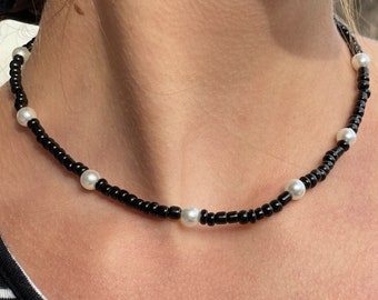 Black Seed Bead With White Pearl Choker--Ready to Ship
