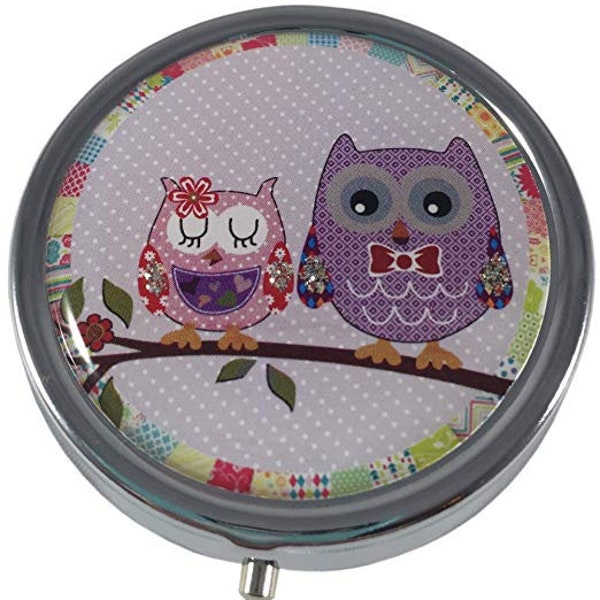 Pretty Purple Owls Three Section, Pocket, Purse, Travel Size Pill Box Case