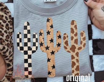 Cactus occidentale PNG, download digitale neutro, camicia leopardata a scacchi, grafica da cowboy, cowgirl trendy ed grintosa, sublimazione e DTF