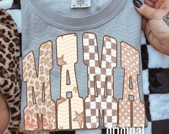 Mama Leopard PNG, Download digitale a scacchi per la festa della mamma, Sublimazione e DTF originali, Maglietta da mamma di boutique, Design neutro western