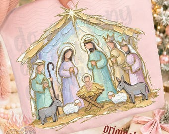 Belén PNG, Navidad cristiana, descarga digital, sublimación y DTF pintados a mano en tonos pastel, camiseta festiva, Niño Jesús a la moda