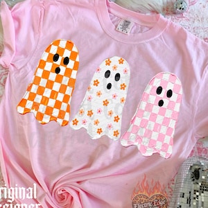 Cute Ghost Halloween Trio PNG, Checkered Digital Download, Sublimation DTF, Trendy Boutique Shirt, Coquette Design, Spooky Season Tee