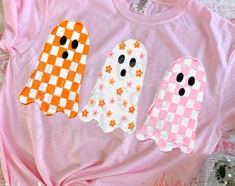 Cute Ghost Halloween Trio PNG, Checkered Digital Download, Sublimation DTF, Trendy Boutique Shirt, Coquette Design, Spooky Season Tee