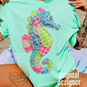 Patchwork Seahorse PNG | Coastal Digital Download | Summer Quilted Design | Sublimation DTF | Preppy Beach Shirt | Trendy Beach Boutique