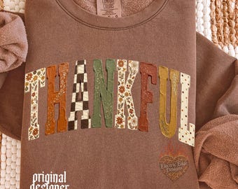 Thankful PNG, Thanksgiving Digital Download, Neutral Fall Shirt, Sublimation and DTF, Autumn Floral Design, Trendy Fall Checkered