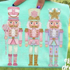 Preppy Nutcrackers Trio PNG, Candy Themed Hand-Painted Digital Download, Christmas Shirt, Sublimation and DTF, Girly Trendy Holiday image 1