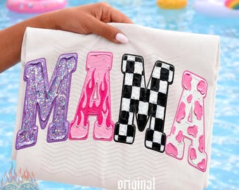 Mama PNG, Mothers Day Digital Download, Summer Checkered Mama Shirt, Sublimation and DTF, Trendy Painted Mom Tee, Edgy Y2K, Cow Print