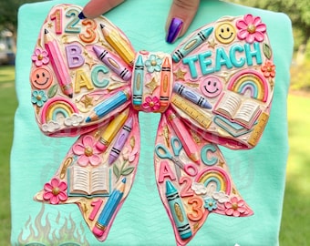 Teach Bow PNG | Teacher Digital Download | Back To School Design | Sublimation and DTF | Rainbow Coquette Shirt | Trendy Grade