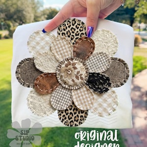 ニュートラルパッチワークフラワーPNG | ヒョウ柄デジタルダウンロード | シャビーシックシャツ | 春の昇華DTF | イースターコテージコア | トレンディウエスタン