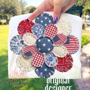 Patriotic Patchwork Flower PNG, July 4th Shirt Digital Download, Sublimation DTF, Independence Day, Trendy USA Flag Design, American