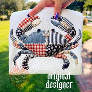 Patchwork Crab PNG | Digital Download | Coastal Americana Design | Sublimation DTF | Preppy Beach Shirt | Trendy Coastal Aesthetic Seaside image 1