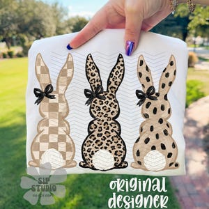 Neutral Easter Bunny PNG | Leopard Bunny Trio | Boutique Sublimation and DTF Download |  Checkered Spring Shirt Design | Trendy Bow Rabbits