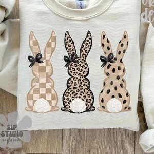 Neutral Easter Bunny PNG | Leopard Bunny Trio | Boutique Sublimation and DTF Download | Checkered Spring Shirt Design | Trendy Bow Rabbits image 3