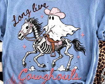 Ghost Long Live CowGhouls PNG, Western Halloween Digital Download, Cowgirl Sublimation DTF, Trendy Shirt, Fall Spooky Skeleton Horse