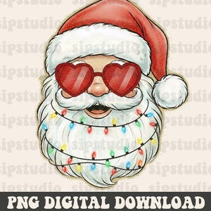 May include: A whimsical illustration of Santa Claus wearing heart-shaped sunglasses. His white beard is adorned with colorful Christmas lights. He wears a red Santa hat. The text "PNG DIGITAL DOWNLOAD" is at the bottom.