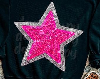 Stark rosa paljettstjärna PNG | Faux broderad Western Digital | Sublimering DTF | Boutique Cowgirl-skjortadesign | Trendig glittergrafik
