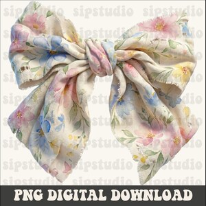 May include: A large, fabric bow with a floral pattern in pastel colors. The bow features pink, blue, and yellow flowers with green leaves on a cream-colored background. The edges have a frayed texture. The text "PNG DIGITAL DOWNLOAD" is at the bottom.
