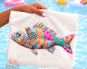 Patchwork fisk PNG, färgglad sommar digital nedladdning, kustnära maximalistisk design, sublimering DTF, flickaktigt strandskjorta, trendig butik