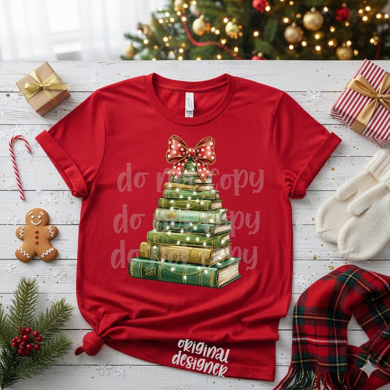May include: A red t-shirt features a Christmas tree design made of stacked books, adorned with a red polka-dot bow and string lights. The words "do copy" are printed on the shirt. The words "original designer" are printed at the bottom.