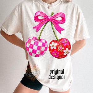Coquette Cherry PNG, Summer Girly Digital Download, Sublimation and DTF, Trendy Checkered Shirt, Boutique Preppy Tee, Painted Bow image 7
