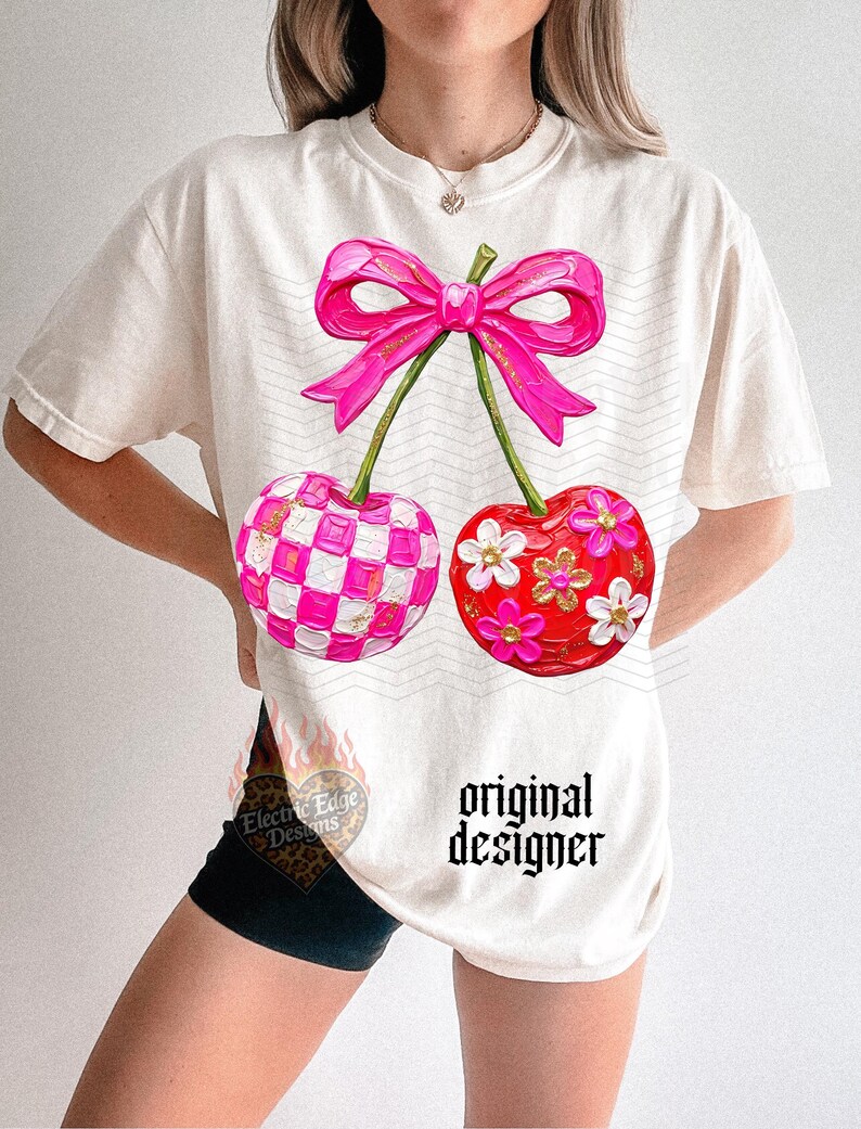Coquette Cherry PNG, Summer Girly Digital Download, Sublimation and DTF, Trendy Checkered Shirt, Boutique Preppy Tee, Painted Bow image 7