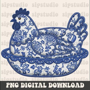 May include: A blue and white floral design hen in a decorative basket. The hen and basket are embroidered with a detailed floral pattern. The text "PNG DIGITAL DOWNLOAD" is at the bottom.
