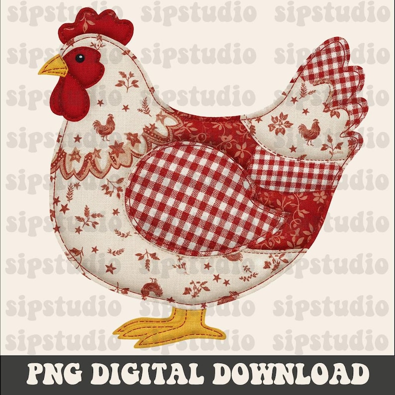 May include: A fabric chicken design with red and white patterns. The chicken features a red comb, wattle, and accents, with a yellow beak and feet. The body is composed of various fabric patterns, including gingham and floral prints. The text "PNG DIGITAL DOWNLOAD" is at the bottom.