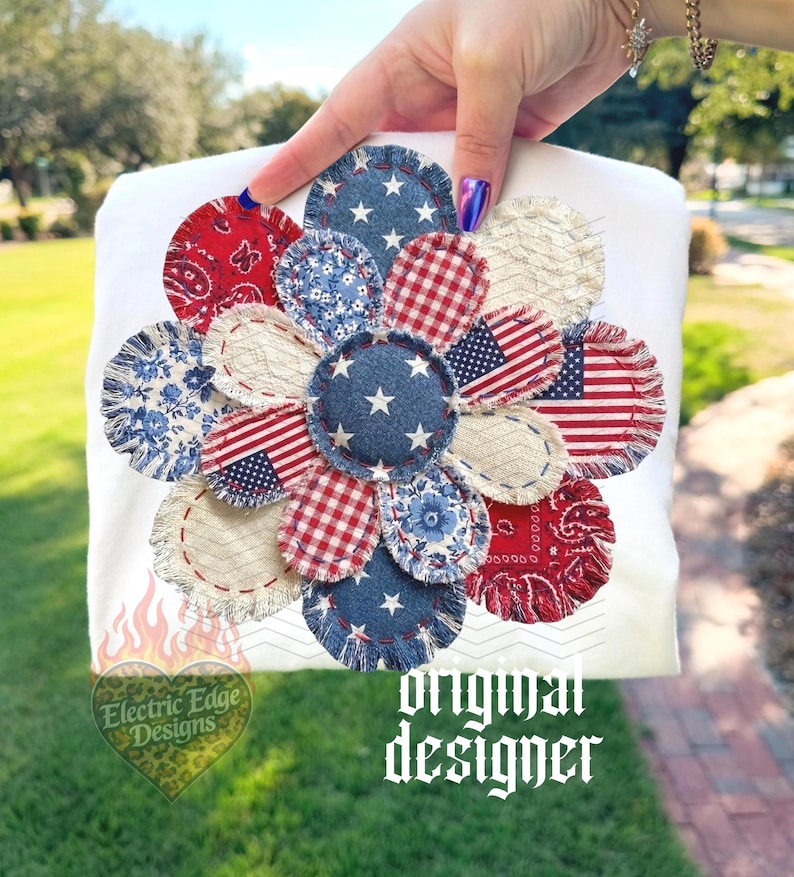 Comfort Colors Mockup. Red white and blue patriotic faux patchwork denim flower PNG design file.