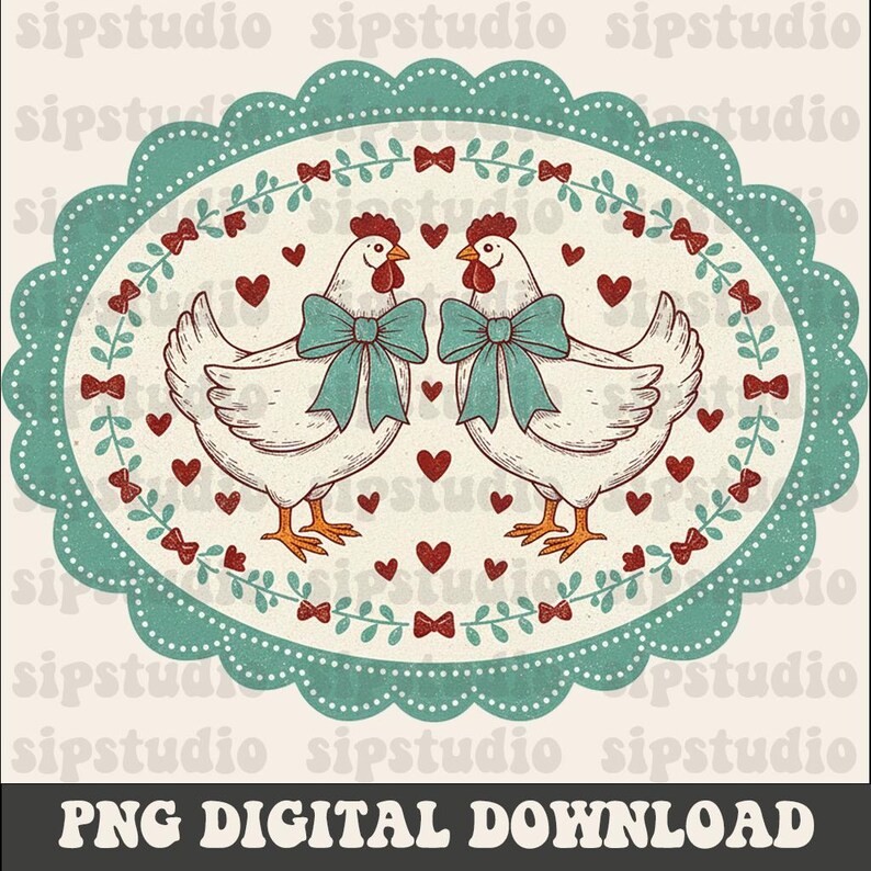 May include: A digital download featuring two white chickens with teal bows, red hearts, and bows on a teal scalloped oval. The image has a vintage, hand-drawn style. The text "PNG DIGITAL DOWNLOAD" is at the bottom.