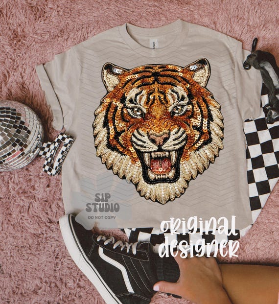 Tiger Faux Sequin PNG, Edgy Digital Download, Sublimation DTF, Trendy Mascot Shirt, Western Design, Football, Boutique Sports Tee