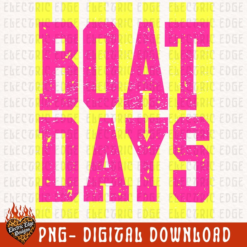 Może przedstawiać: Cyfrowy projekt z napisem "BOAT DAYS" w postarzanych r&oacute;żowych literach blokowych, na tle pionowych ż&oacute;łtych pask&oacute;w. Projekt zawiera tekst "PNG - DIGITAL DOWNLOAD".