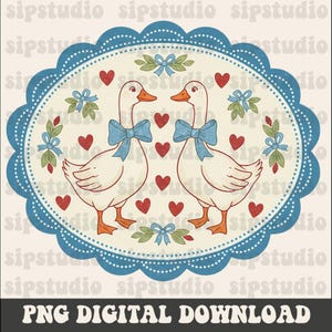 May include: Digital download featuring two geese with blue bows, surrounded by red hearts and floral accents. The design is set within a blue scalloped oval frame. The text "PNG DIGITAL DOWNLOAD" is at the bottom.