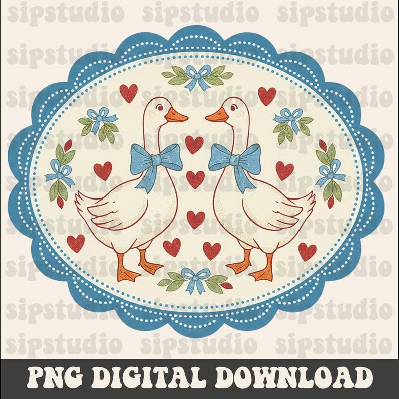 May include: Digital download featuring two geese with blue bows, surrounded by red hearts and floral accents. The design is set within a blue scalloped oval frame. The text "PNG DIGITAL DOWNLOAD" is at the bottom.