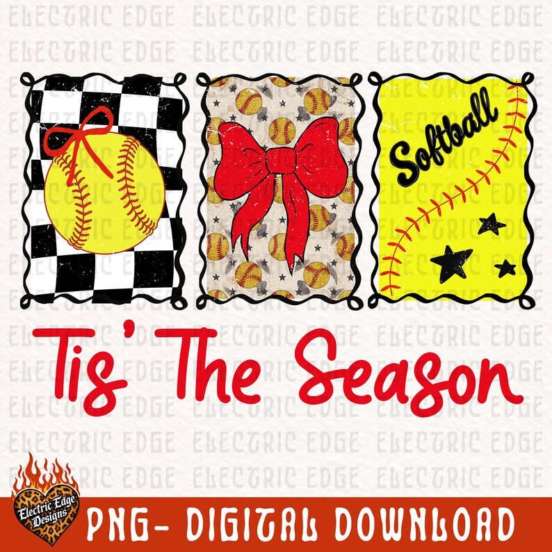 May include: A digital graphic featuring three rectangular frames with scalloped edges. The first has a black and white checkerboard pattern with a yellow softball and red bow. The second has a softball pattern with a large red bow. The third is yellow with the text Softball and black stars. The red text Tis' The Season is below.