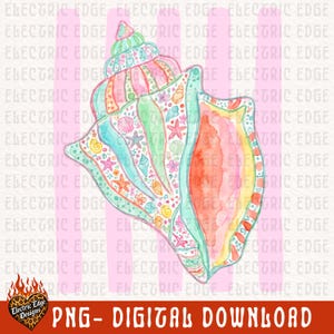 May include: A watercolor illustration of a seashell in shades of pink, green, orange, and blue. The shell is decorated with starfish, seashells, and other marine elements. The text "PNG - DIGITAL DOWNLOAD" is at the bottom.