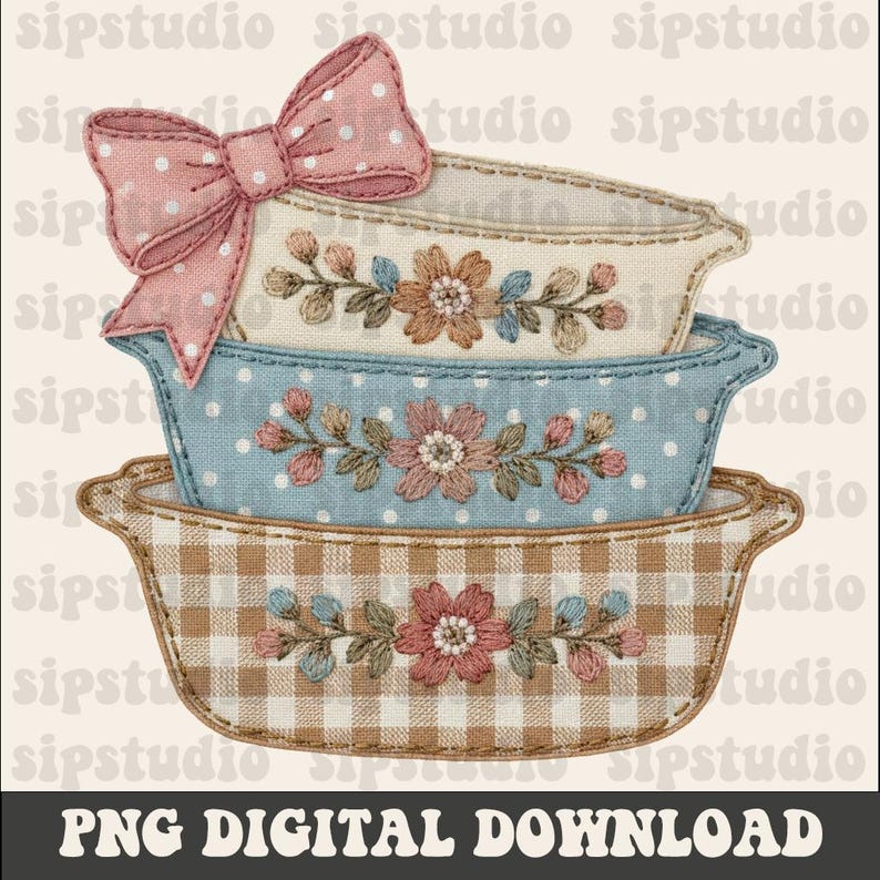 May include: A stack of three decorative, oval-shaped containers. The top container has a pink polka-dot bow. The containers are cream, blue, and brown with floral embroidery and a gingham pattern. The text "PNG DIGITAL DOWNLOAD" is at the bottom.