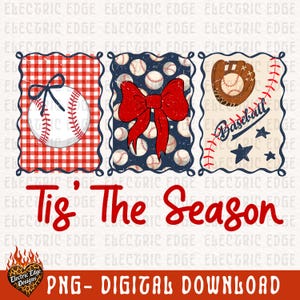 May include: A digital graphic featuring three rectangular panels with scalloped edges. The panels display a baseball with a bow, a red bow over baseballs, and a baseball glove with the text Baseball and stars. The text Tis The Season is below.