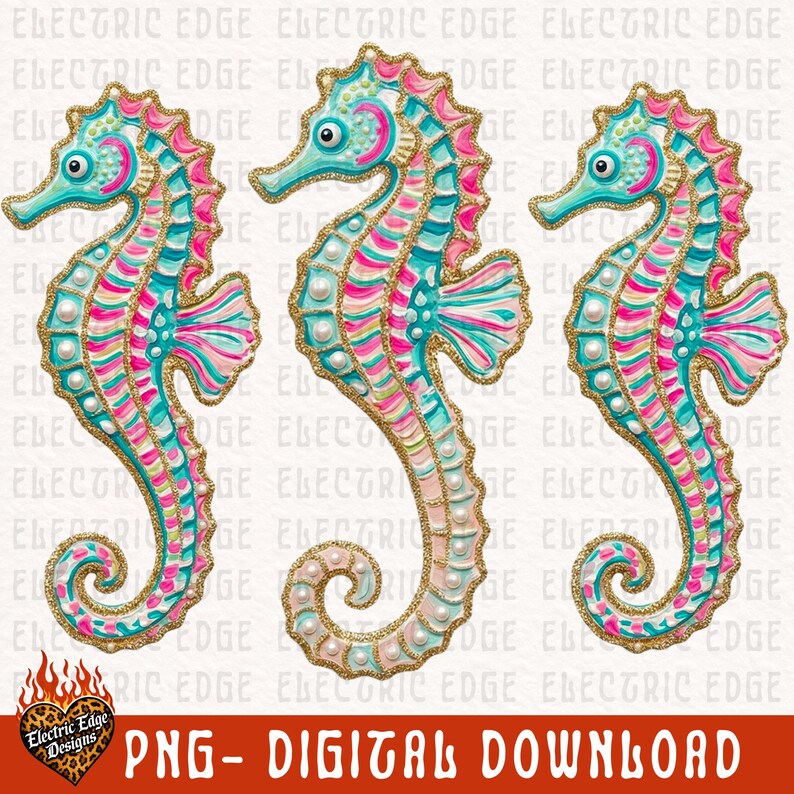 Preppy Seahorse Trio PNG | Coastal Digital Download | Summer Beach Design | Sublimation DTF | Trendy Girly Ocean Graphic | Boutique image 2
