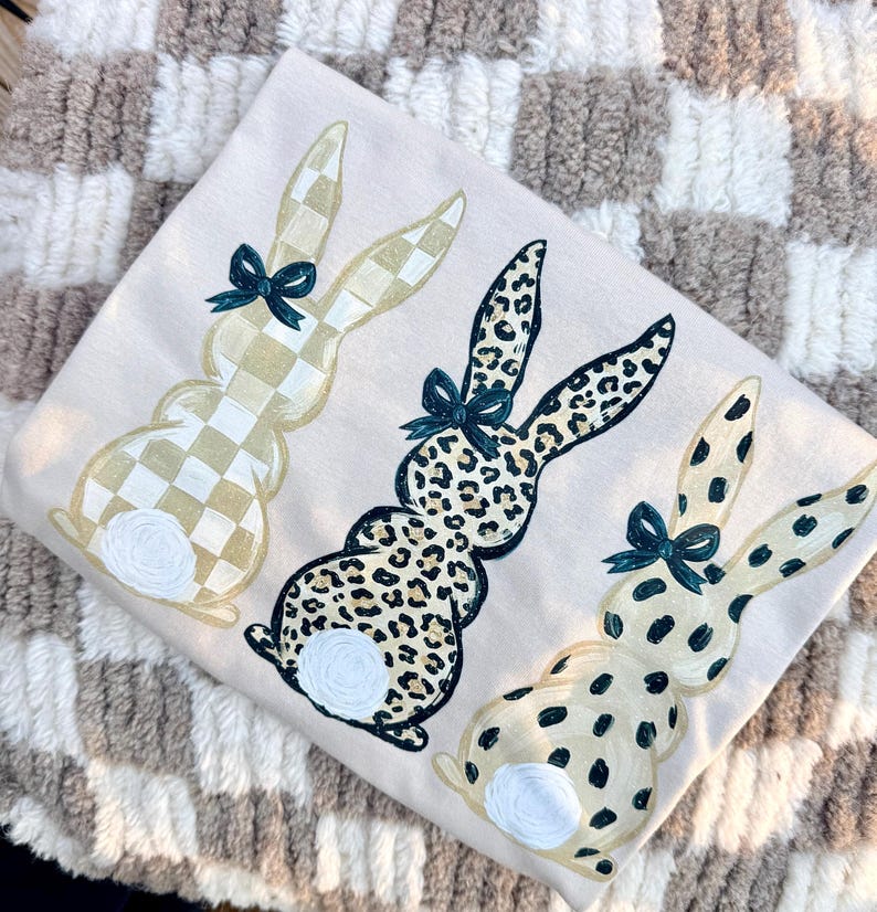 Neutral Easter Bunny PNG | Leopard Bunny Trio | Boutique Sublimation and DTF Download | Checkered Spring Shirt Design | Trendy Bow Rabbits image 2